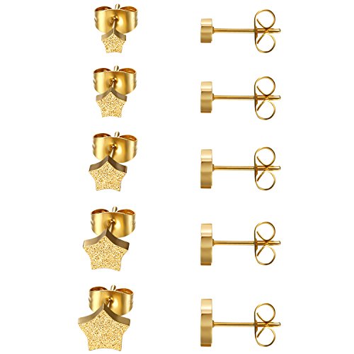 JewelryWe Schmuck 5 Paare Ohrstecker Set Stern gebürstet, Edelstahl Pentagramm Stern Ohrringe mit sandgestrahlter Oberfläche für Damen & Herren, Gold, Breite 4,5,6,7,8mm von JewelryWe