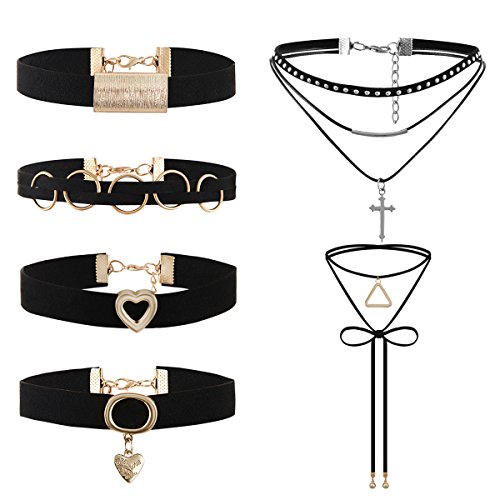 JewelryWe Schmuck 5 Stück Damen Choker Halskette, schwarz gotische Seil Goldrohr Velvet Spitze Choker Tattoo Punk Gothic Länge einstellbare Bogen Knoten Halsband von JewelryWe