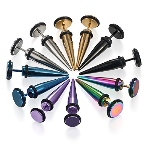 JewelryWe Schmuck 6 Paar Damen Herren Ohrringe Edelstahl Spitze Kegel Ohrstecker Ohrschmuck, 9mm, Silber Gold Schwarz Blau Lila Bunt von JewelryWe