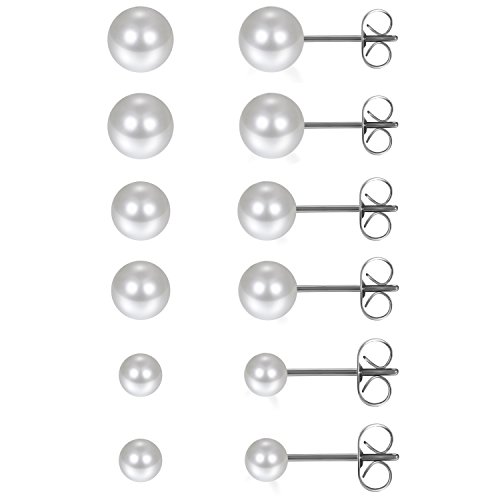 JewelryWe Schmuck 6 Paar Damen Ohrstecker, Elegant Edelstahl Imitation Perlen Kugel Ohrringe Gestüt Stecker Silber Weiß 3~8mm für Frauen Mädchen von JewelryWe