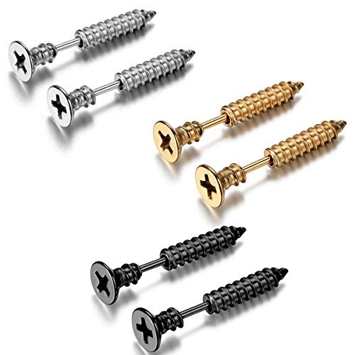 JewelryWe Schmuck 6 Stücks Hip Hop FAKE PLUG Edelstahl OHRRINGE SCHRAUBE Ohrstecker Screw Punk Rock Stil Ohrschmuck, Farbe Schwarz Gold Silber, mit Geschenk Tüte von JewelryWe