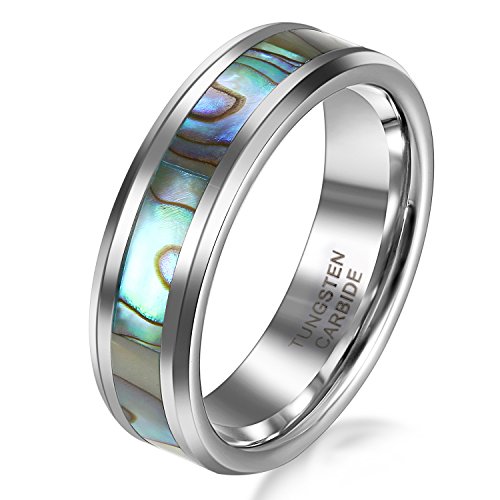 JewelryWe Schmuck 6mm Breite Damen-Ring Wolframcarbid Ring mit Seeohr Inlay Engagement Hochzeit Band Größe 58 von JewelryWe