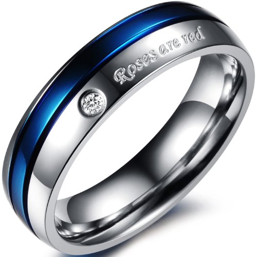 JewelryWe Ringe Herren Edelstahl Herrenring: 6mm Breite Edelstahl Herren-Ring mit Gravur Roses Are red Partnerringe Männer Jubiläum Verlobung Hochzeit Band Blau Silber Größe 54 von JewelryWe