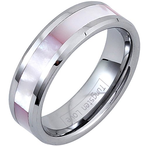 JewelryWe Schmuck 6mm Breite Glänzend Wolframcarbid Damen-Ring Engagement Hochzeit Band Ring mit Synthetisch Rosa Schale Inlay Größe 47 von JewelryWe