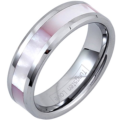 JewelryWe Schmuck 6mm Breite Glänzend Wolframcarbid Damen-Ring Engagement Hochzeit Band Ring mit Synthetisch Rosa Schale Inlay Größe 49 von JewelryWe