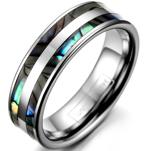 JewelryWe Schmuck 6mm Breite Wolframcarbid Damen-Ring Poliert mit Doppel Abalone Inlay Partnerringe Verlobung Hochzeit Band Größe 47 bis 63 von JewelryWe