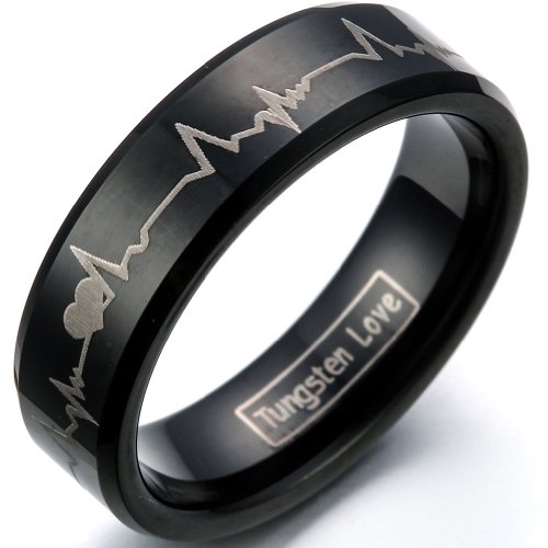 JewelryWe Schmuck 6mm Schwarz Wolframcarbid Damen-Ring mit Laser Forever Love & Herzschlag Partnerringe Verlobung Hochzeit Band Größe 47 bis 78 von JewelryWe