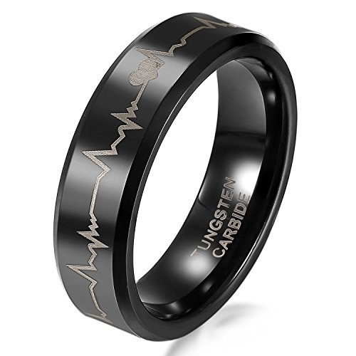 JewelryWe Schmuck 6mm Schwarz Wolframcarbid Damen-Ring mit Laser Forever Love & Herzschlag Partnerringe Verlobung Hochzeit Band Größe 47 bis 78 von JewelryWe