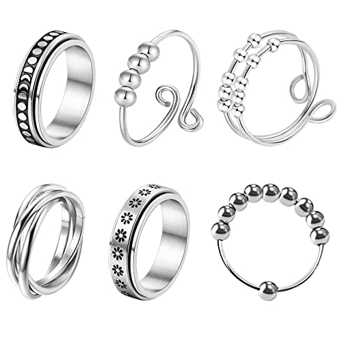 JewelryWe Schmuck 6pcs Fidget Angst Ringe Set für Frauen Herren Edelstahl Spinner Ring mit Perlen Blume Anti-Angst Drehringe Stapelbar Offene Fingerringe Stressabbauende Bandringe Band Gravur Größe 65 von JewelryWe