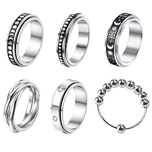 JewelryWe Schmuck 6pcs Fidget Angst Ringe Set für Herren Frauen Edelstahl Spinner Ring mit Perlen Mond Stern Anti-Angst Drehringe Stressabbauende Bandringe Hochzeit Band Gravur Schwarz Silber Größe 65 von JewelryWe