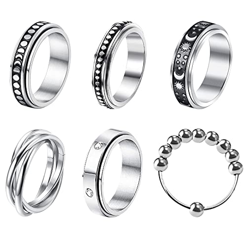 JewelryWe Schmuck 6pcs Fidget Angst Ringe Set für Herren Frauen Edelstahl Spinner Ring mit Perlen Mond Stern Anti-Angst Drehringe Stressabbauende Bandringe Hochzeit Band Gravur Schwarz Silber Größe 59 von JewelryWe