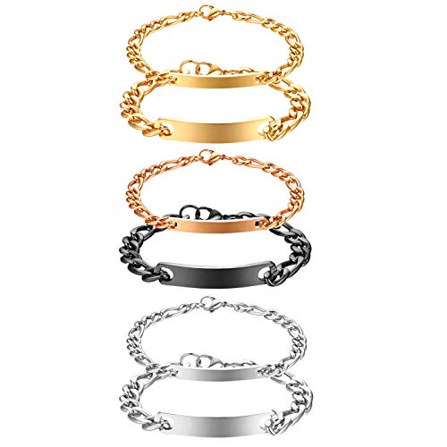 JewelryWe Schmuck 6pcs Pärchen Armband mit Gravur, Edelstahl Poliert Figarokette Partnerarmband Freundschaftsarmband Paar Armkette Armreif für Herren Damen, Silber Gold Schwarz Rosegold von JewelryWe