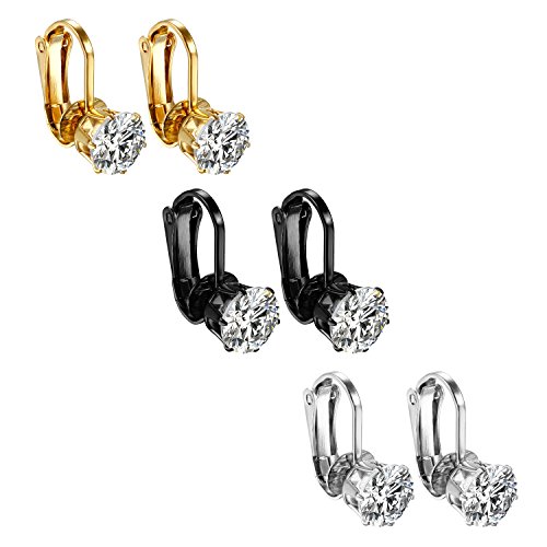 JewelryWe Damen Ohrclips Ohrklemmen mit Zirkonia: 3 Paar Set Edelstahl Runde Zirkonia Non-Piercing Ohrklammern Clip-On Ohrringe Elegant Fake Piercing Ohrstecker Ohne Ohrloch Schmuck für Frau Mädchen von JewelryWe
