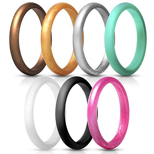 JewelryWe Schmuck 7 PCS Silikon Ehering für Frauen, 2.7mm Gummi Hochzeit Bands Gummibänder Ring für Sport und Outdoor, 7 Farben Set, Größe 52 von JewelryWe