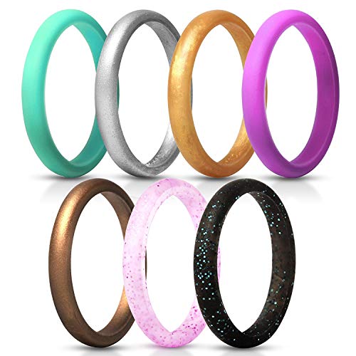 JewelryWe Schmuck 7 PCS Silikon Ehering für Frauen, 2.7mm Gummi Hochzeit Bands Gummibänder Ring für Sport und Outdoor, 7 Farben Set, Größe 54 von JewelryWe