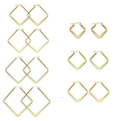 JewelryWe Schmuck 7 Paar Damen Ohrringe Edelstahl Poliert große Quadrat Viereck Geometrie Hoop Creolen Ohrstecker Gold 20mm~50mm von JewelryWe