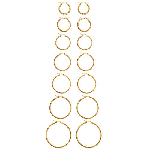 JewelryWe Schmuck 7 Paare Ohrringe Damen Creolen Edelstahl Einzigartige Runde Ring-Ohrringe Ohrhänger Ohrstecker für Frauen Mädchen Gold - Durchmesser: 15 20 25 30 35 40 45 mm von JewelryWe