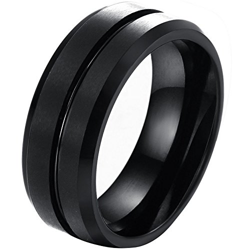 JewelryWe Schmuck 8MM Breite Wolframcarbid Herren-Ring, Schwarz Gebürstet & Rille, Partnerringe Verlobung Hochzeit Band Größe 54 von JewelryWe