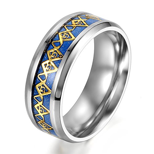 JewelryWe Schmuck 8MM Herren Ring, mit gold Freimaurer Design, Edelstahl, blau silber Größen 52, mit Geschenk Tüte von JewelryWe