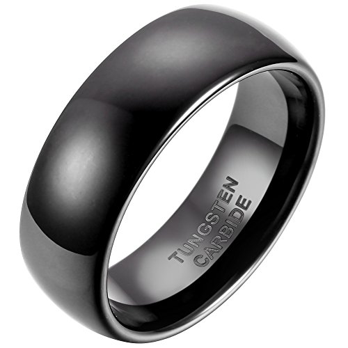 JewelryWe Schmuck 8mm Breite Glänzend Wolframcarbid Herren Damen Ring Jahrestag Verlobung Hochzeit Band Schwarz Klassik Dom Größe 53 von JewelryWe