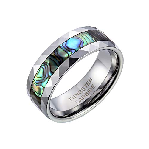 JewelryWe Schmuck 8mm Breite Herren Damen Ring Wolframcarbid Wolframcarbidring mit Abalone Muscheln Inlay Schrägkanten Damen-Ring Herren-Ring Größe 54 bis 67 von JewelryWe