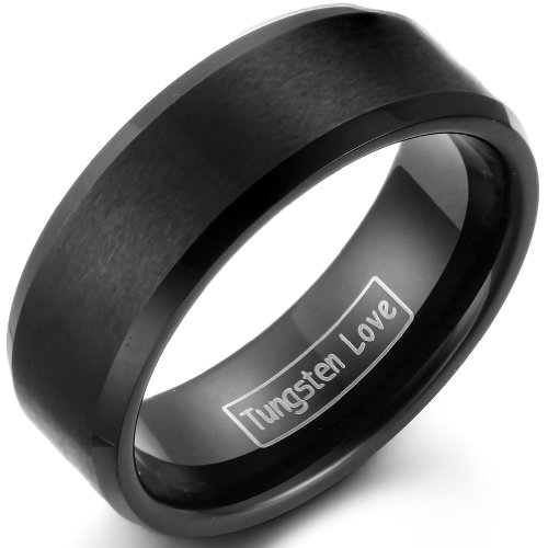 JewelryWe Schmuck 8mm Breite Wolframcarbid Herren Damen Ring, Schwarz Matt mit abgeschrägte Kante, Partnerringe Verlobung Hochzeit Band Größe 52 von JewelryWe