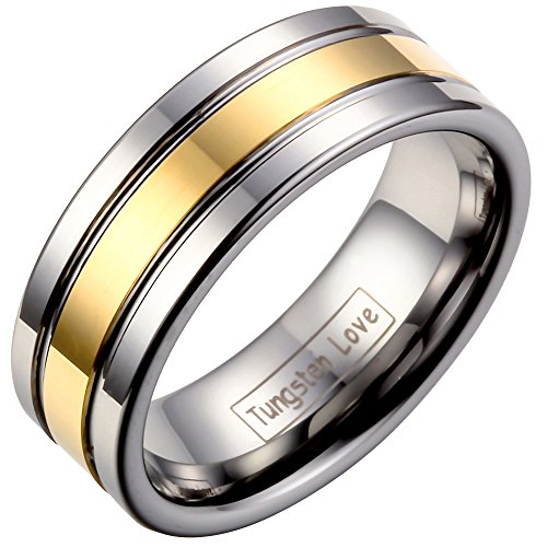 JewelryWe Schmuck 8mm Breite Wolframcarbid Herren-Ring, Damen-Ring, Engagement Hochzeit Band, Farbe Gold Silber, Größe 57 bis 71 von JewelryWe