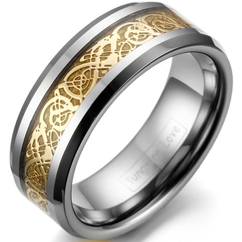 JewelryWe Schmuck 8mm Breite Wolframcarbid Herren-Ring Damen-Ring Hochzeit Band Verlobungsringe mit Gold keltischen Drachen Inlay Größe 49 von JewelryWe