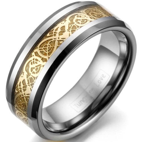 JewelryWe Schmuck 8mm Breite Wolframcarbid Herren-Ring Damen-Ring Hochzeit Band Verlobungsringe mit Gold keltischen Drachen Inlay Größe 63 von JewelryWe