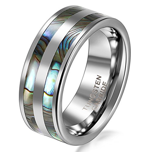 JewelryWe Herrenring Wolfram Ring Herren: 8mm Breite Wolframcarbid Poliert Fingerringe Eheringe mit Doppel Abalone Muschel Perlmutt Inlay Partnerringe Verlobung Hochzeit Band Männer Größe 71 von JewelryWe