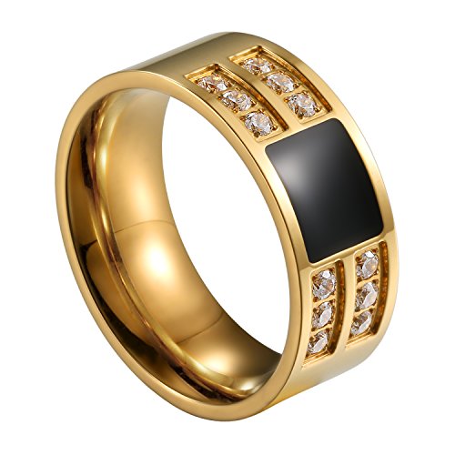 JewelryWe Schmuck 8mm Edelstahl Emaille Ring Band CZ Zirkon Zirkonia Gold Ton Schwarz Hochzeit Engagement Verlobungsringe Verlobung Herren - Größe 70 von JewelryWe