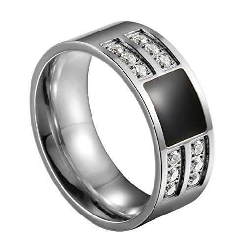 JewelryWe Schmuck 8mm Edelstahl Emaille Ring Band CZ Zirkon Zirkonia Silber Ton Schwarz Hochzeit Engagement Verlobungsringe Verlobung Herren - Größe 67 von JewelryWe