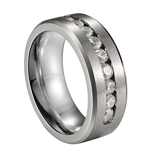 JewelryWe Schmuck 8mm Edelstahl Ring Band CZ Zirkon Zirkonia Silber Ton Hochzeit Engagement Verlobungsringe Verlobung Herren - Größe 65 von JewelryWe