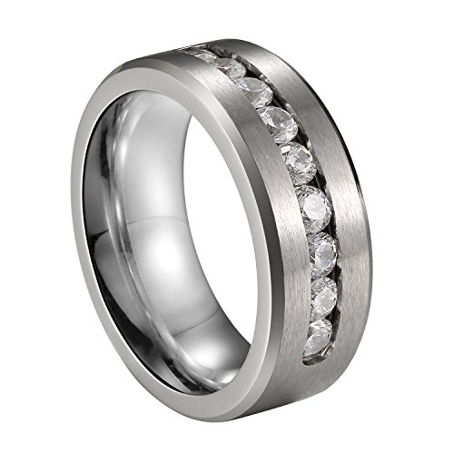 JewelryWe Schmuck 8mm Edelstahl Ring Band CZ Zirkon Zirkonia Silber Ton Hochzeit Engagement Verlobungsringe Verlobung Herren - Größe 67 von JewelryWe
