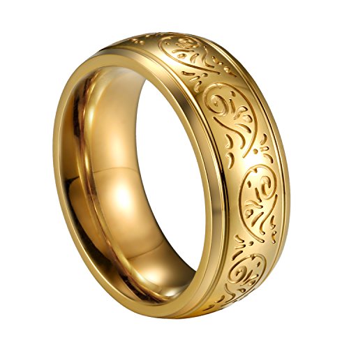 JewelryWe Schmuck 8mm Edelstahl Ring Band Gold Gravur Florentine Design Hochzeit Engagement Verlobung Charm Herren - Größe 57 von JewelryWe