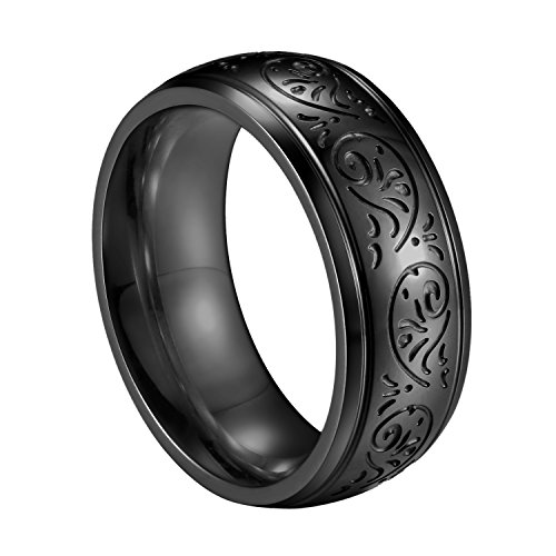 JewelryWe Schmuck 8mm Edelstahl Ring Band Schwarz Gravur Florentine Design Hochzeit Engagement Verlobung Charm Herren - Größe 59 von JewelryWe