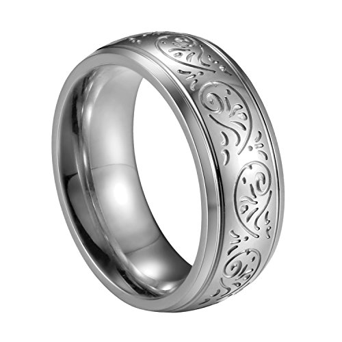 JewelryWe Schmuck 8mm Edelstahl Ring Band Silber Gravur Florentine Design Hochzeit Engagement Verlobung Charm Herren - Größe 59 von JewelryWe