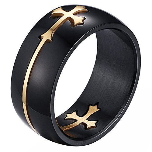 JewelryWe Schmuck 8mm Herren Ring, Kreuz abziehbar Edelstahlring, Schwarz Gold Bandring Größe 71 mit Geschenk Tüte von JewelryWe