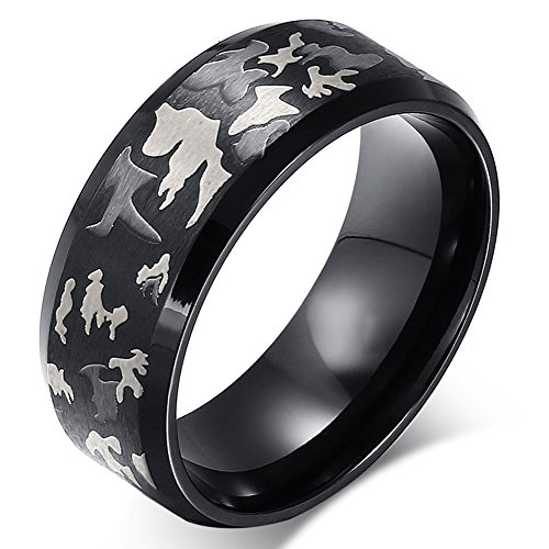 JewelryWe Schmuck 8mm Herren Ring, Tarnung Camouflage Edelstahlring, Hochzeit Wedding Eheringe, Schwarz,Weiß Größe 71 von JewelryWe