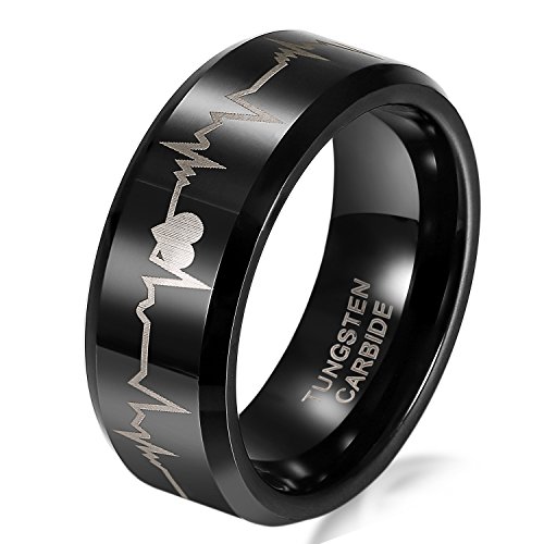 JewelryWe Schmuck 8mm Schwarz Wolframcarbid Herren-Ring mit Laser Forever Love & Herzschlag Partnerringe Verlobung Hochzeit Band Größe 49 bis 78 von JewelryWe