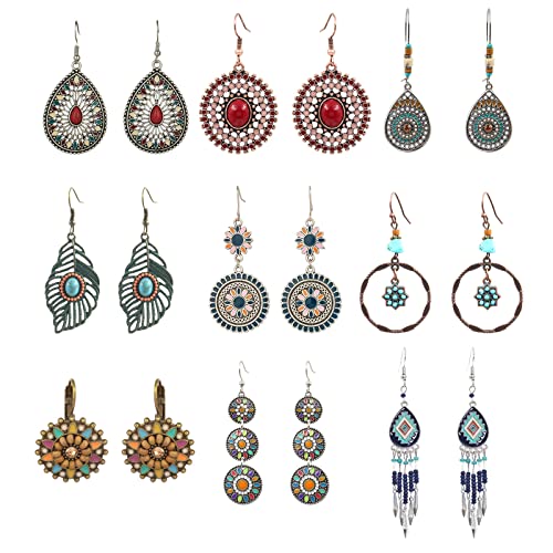 JewelryWe Schmuck 9 Paar Boho Lange Baumeln Ohrringe Damen Hängend Ohrringe Set Blumen Blatt Wassertropfen Rund Kreis Quaste Retro Böhmische Hängeohrringe Ohrhänger für Frauen Mädchen von JewelryWe