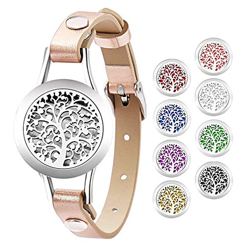 JewelryWe Schmuck Ätherisches Öl Armband Edelstahl Baum des Lebens Locket Medaillon Aromatherapie Aroma Öle Parfum Diffusor Echtleder Leder Armreif mit 8 Pads Pink von JewelryWe