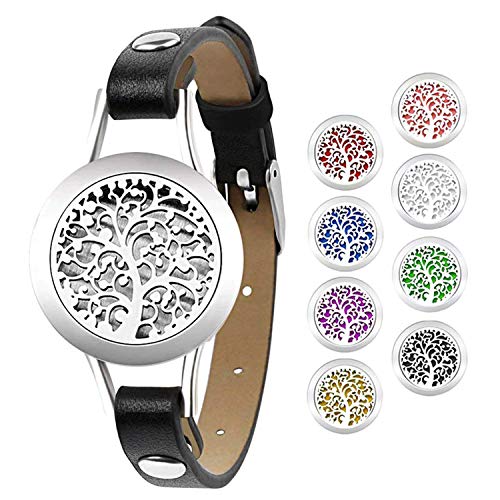 JewelryWe Schmuck Ätherisches Öl Armband Edelstahl Baum des Lebens Locket Medaillon Aromatherapie Aroma Öle Parfum Diffusor Echtleder Leder Armreif mit 8 Pads Schwarz von JewelryWe