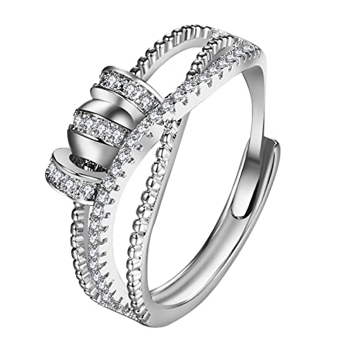 JewelryWe Schmuck Anxiety Ring Damen Angst Fidget Spinner Ring Verstellbar Edelstahl Anti Stress Spinning Ringe Zappelringe Geschenke für Frauen Silber - Zirkonia von JewelryWe