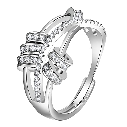 JewelryWe Schmuck Anxiety Ring Damen Angst Fidget Spinner Ring Verstellbar Edelstahl Anti Stress Spinning Ringe Zappelringe Geschenke für Frauen Silber - Zirkonia von JewelryWe
