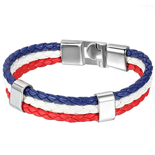 JewelryWe Schmuck Armband, Frankreich Französisch Flagge Armreif, Leder Legierung, für Herren Damen, Weiss Rot Blau von JewelryWe