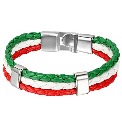 JewelryWe Schmuck Armband, Italienische Italien Flagge Armreif, Leder Legierung, für Herren Damen, Grün Weiss Rot von JewelryWe