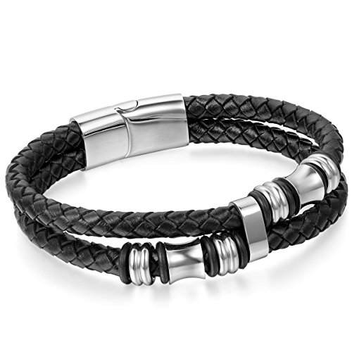 JewelryWe Lederarmband Herren Edelstahl Magnetverschluss: Biker Zweireihig Mehrschichtig Geflochten Leder Armband Echtleder Armreif mit Edelstahl Magnet Verschluss Schwarz Silber 8.5 Zoll von JewelryWe