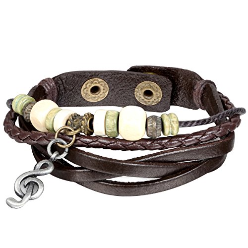 JewelryWe Schmuck Armband, Leder Legierung Holz, Musiknote Notenschlüssel Beads Kugeln Geflochten Lederarmband Partnerarmband, Armreif für Damen und Herren, Braun von JewelryWe