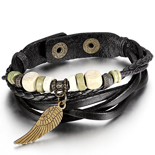 JewelryWe Schmuck Armband, Leder Legierung Holz, Retro Engelsflügel Beads Kugeln Geflochten Armreif Lederarmband Partnerarmband, für Damen und Herren, Schwarz von JewelryWe